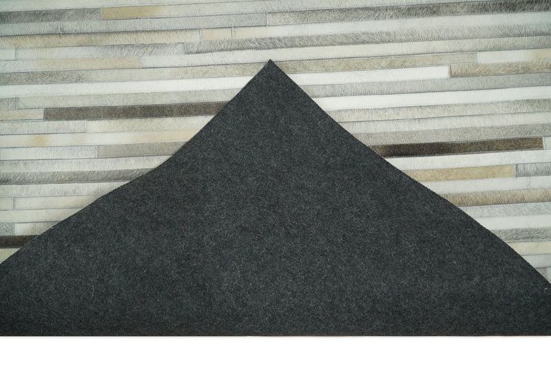 Flatweave Hairon Genuine Leather 5x8, 8x10 and 9x12 Stripe Design Beige and Ivory Area Rug | LR18