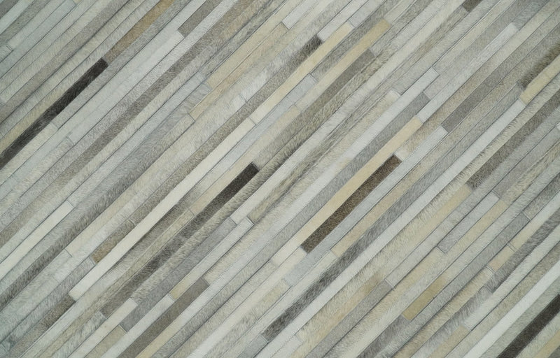 Flatweave Hairon Genuine Leather 5x8, 8x10 and 9x12 Stripe Design Beige and Ivory Area Rug | LR18