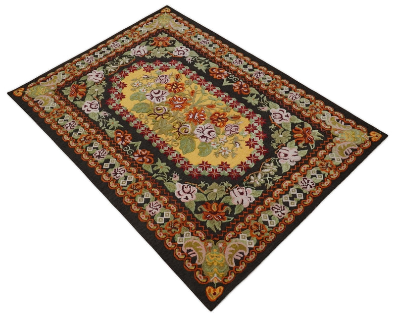 5x7 Flatwoven Soumak Black, Yellow, Green and Gold Flower Wool Hand Woven Antique Design Rug | KNT39