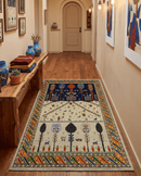 Beige and Blue Tribal Hand Woven Wool Rug 5x7 - Soumak Weave