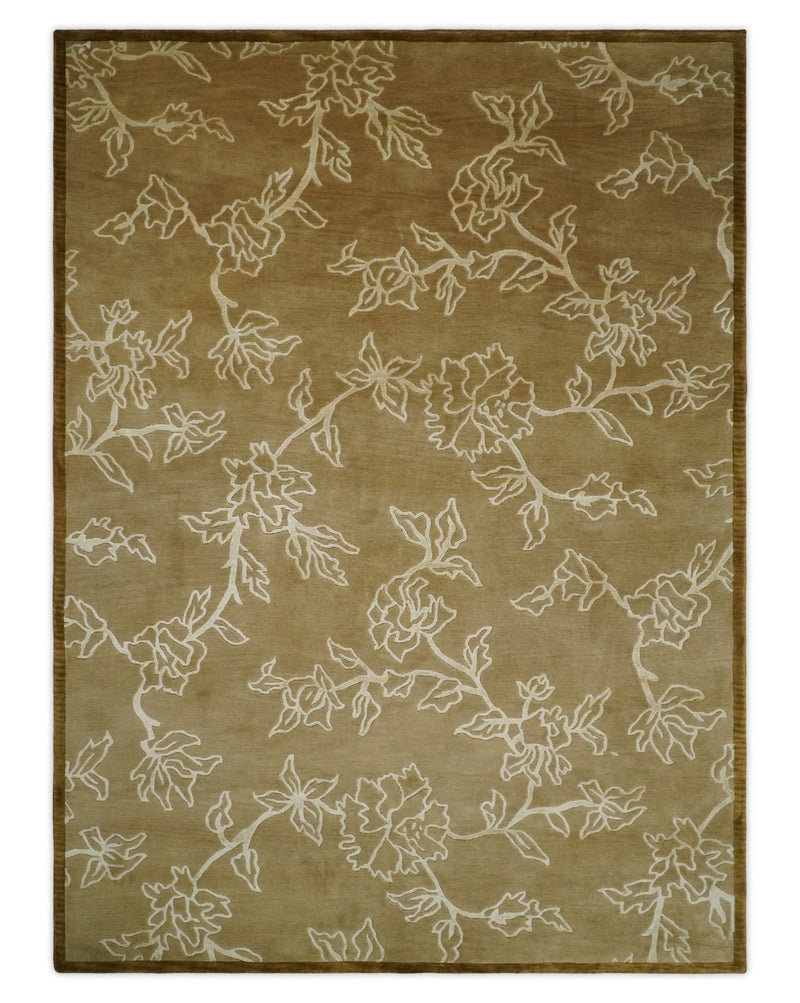 Contemporary Floral 6x8 Brown and Ivory Wool Hand Woven Rug | HL6