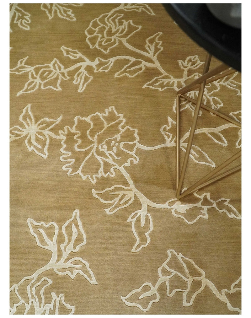 Contemporary Floral 6x8 Brown and Ivory Wool Hand Woven Rug | HL6