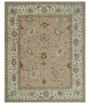 Floral 8x10 Hand Tufted Peach, Ivory and Olive Modern Oushak Rug