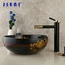 GobekUsa Black Ceramic Hand-Painted Washbasin with Swivel Brass Faucet