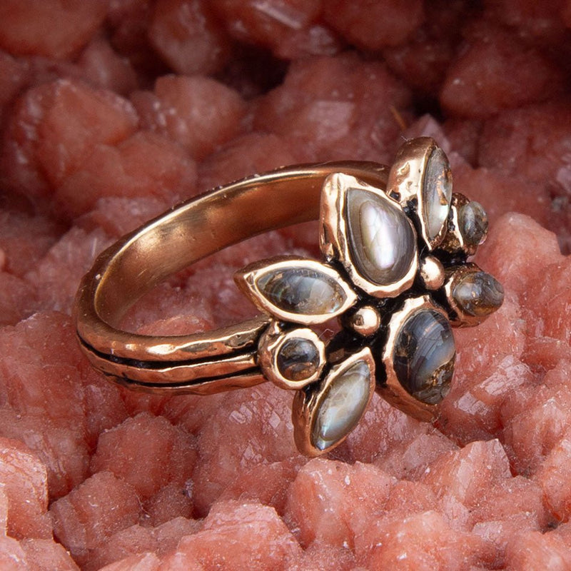 Floral Blue Abalone Golden Bronze Ring