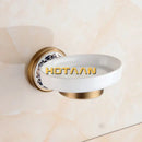 Floral brass soap holder with white ceramic dish bathroom accessory by Decorbites