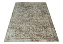 Floral Brown and Ivory Traditional Ikat Large Design 5.6x8 Hand loom Viscose Area Rug