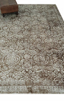 Floral Brown and Ivory Traditional Ikat Large Design 5.6x8 Hand loom Viscose Area Rug