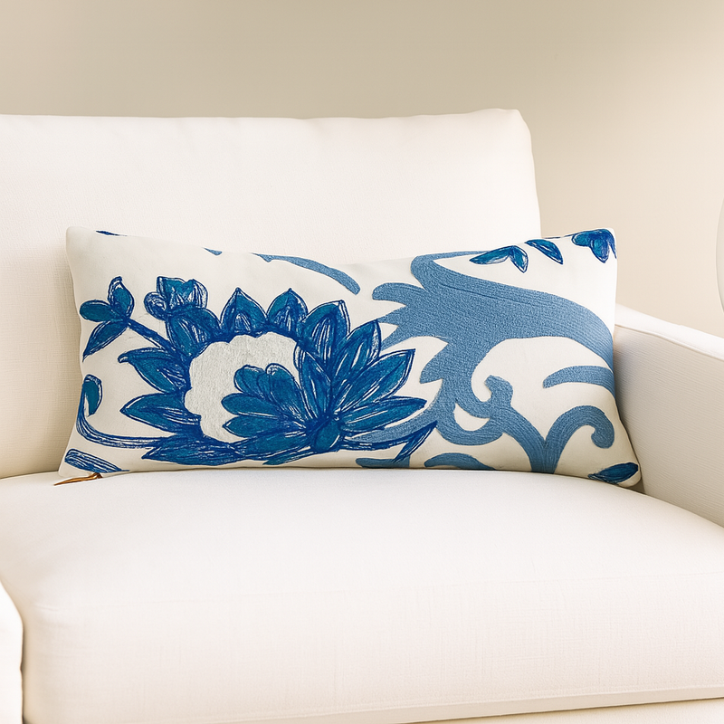 Blue And White  White Floral Embroidered Throw Pillow