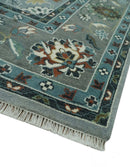Floral Gray, Ivory, Brown and Green Hand Knotted Traditional Oushak 9x12 wool Rug by The Rug Decor
