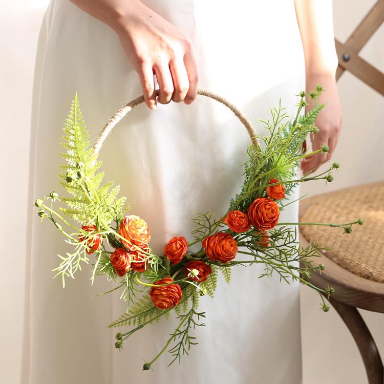 Floral Hoop Artificial Orange Buttercup with Greenery 9" D