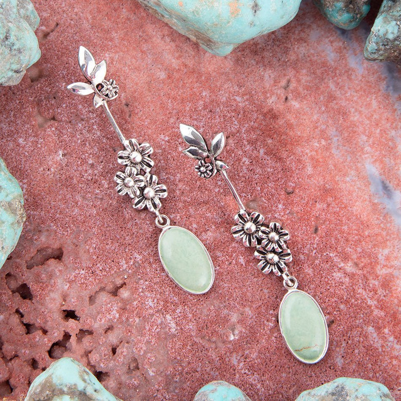 Floral Linear Drop Green Turquoise and Sterling Silver Earrings