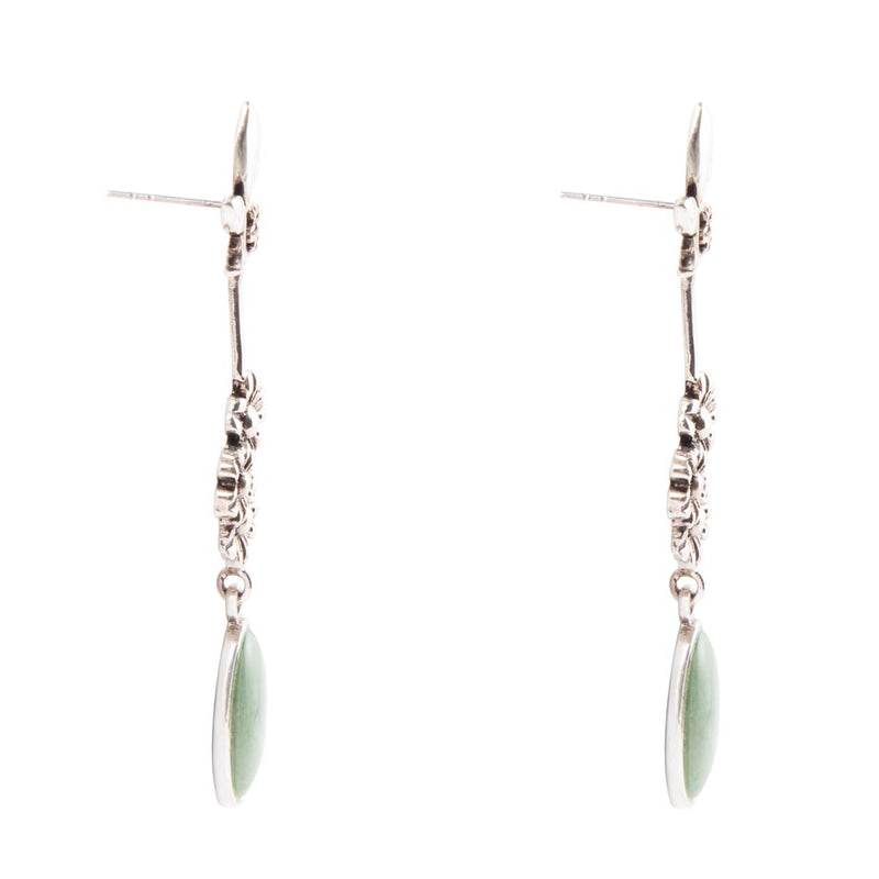 Floral Linear Drop Green Turquoise and Sterling Silver Earrings