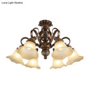 GobekUsa Floral Shade Semi Flush Light with Opal Glass - Countryside Brown Close to Ceiling Lamp for Living Room (5/6/8 Lights)