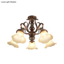 GobekUsa Floral Shade Semi Flush Light with Opal Glass - Countryside Brown Close to Ceiling Lamp for Living Room (5/6/8 Lights)