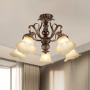 GobekUsa Floral Shade Semi Flush Light with Opal Glass - Countryside Brown Close to Ceiling Lamp for Living Room (5/6/8 Lights)