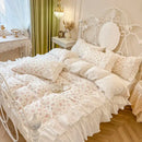 GobekUsa Cotton Floral Print Bedding Set with Pleat Lace Ruffles, 4-Piece Ensemble