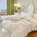 GobekUsa Cotton Floral Print Bedding Set with Pleat Lace Ruffles, 4-Piece Ensemble