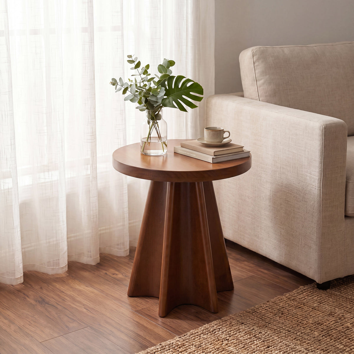 Flower Shaped Solid Pine Round Side Table with Artistic Petal Base - Walnut, photo 2 of 9