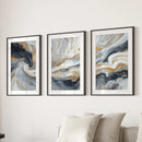 3 Piece Modern Abstract Marble Wall Art: Navy Blue and Gold by Wall Art Set