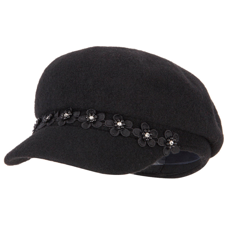 Women's Flower Band Accented Wool Felt Newsboy Cap