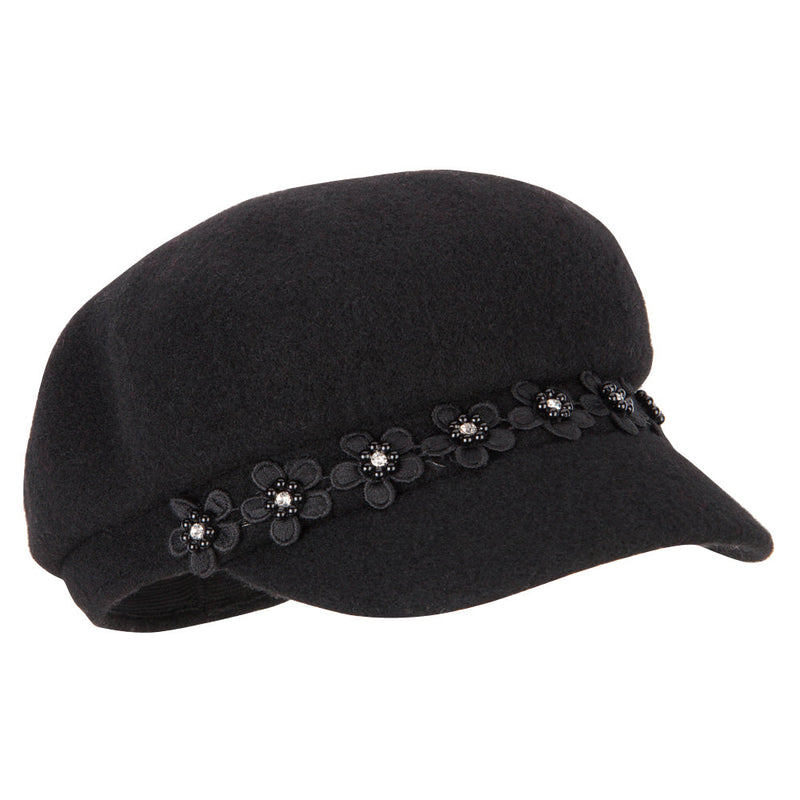 Women's Flower Band Accented Wool Felt Newsboy Cap