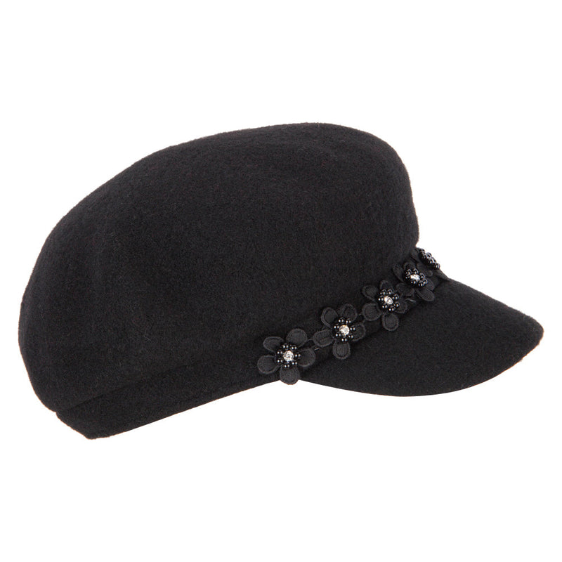 Women's Flower Band Accented Wool Felt Newsboy Cap