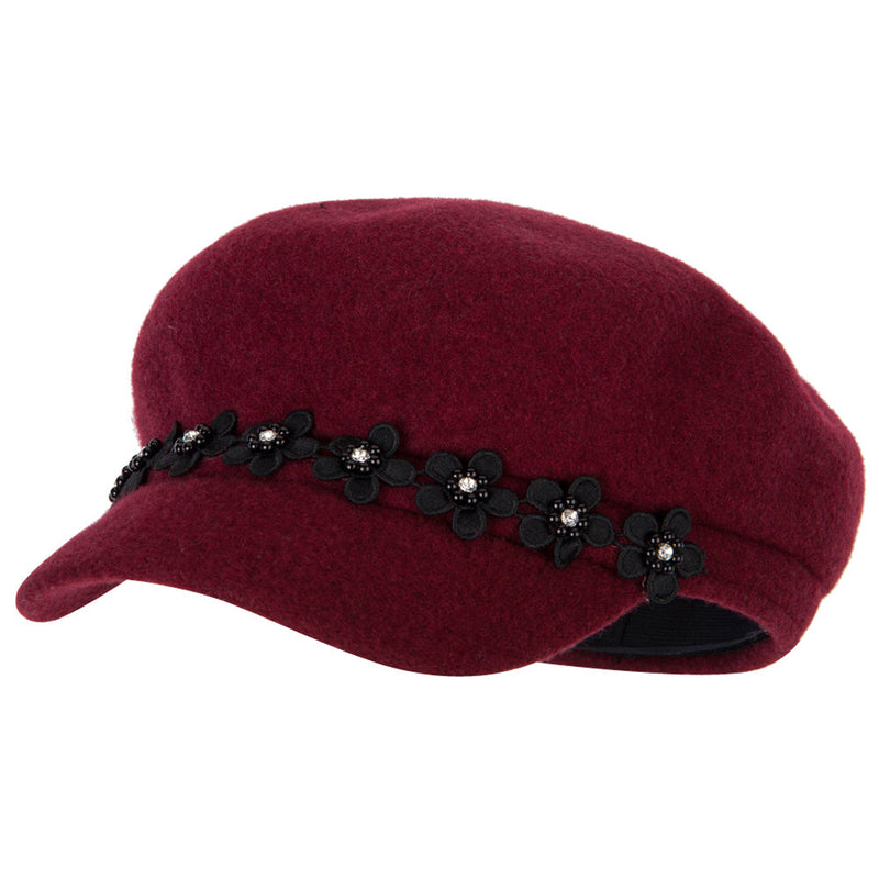 Women's Flower Band Accented Wool Felt Newsboy Cap