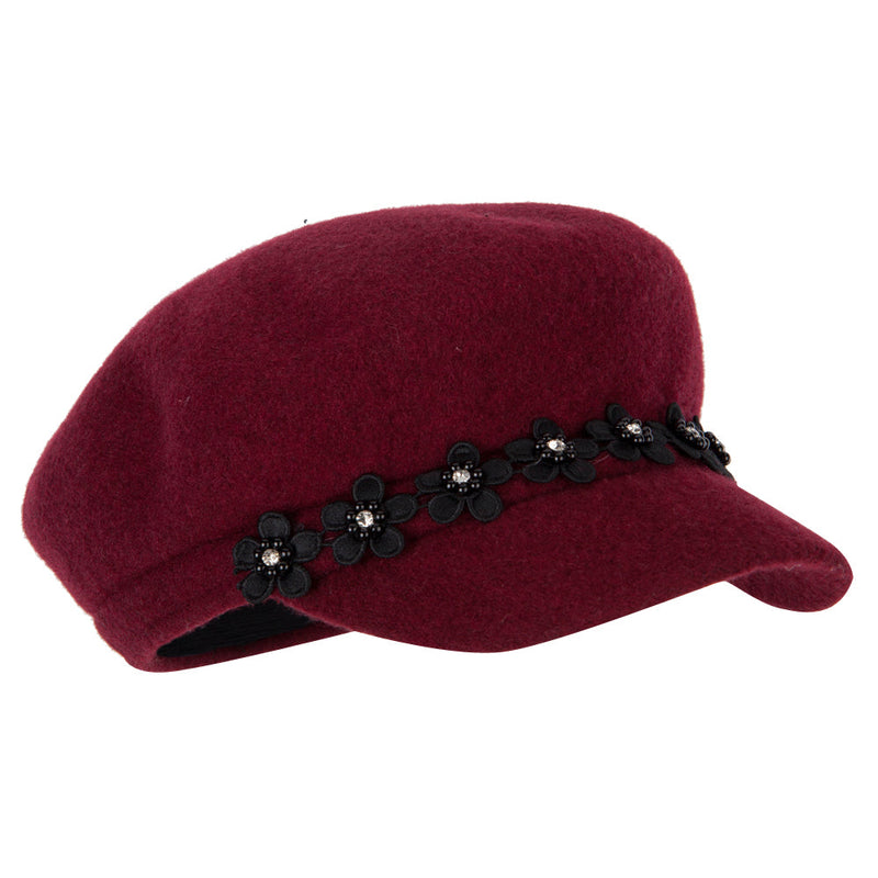 Women's Flower Band Accented Wool Felt Newsboy Cap