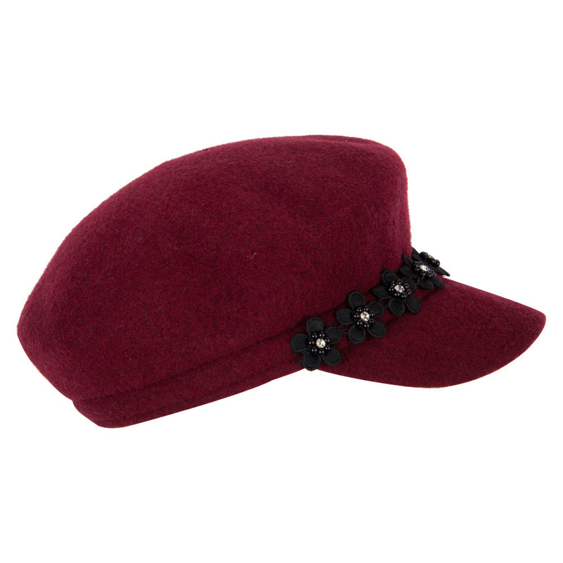 Women's Flower Band Accented Wool Felt Newsboy Cap