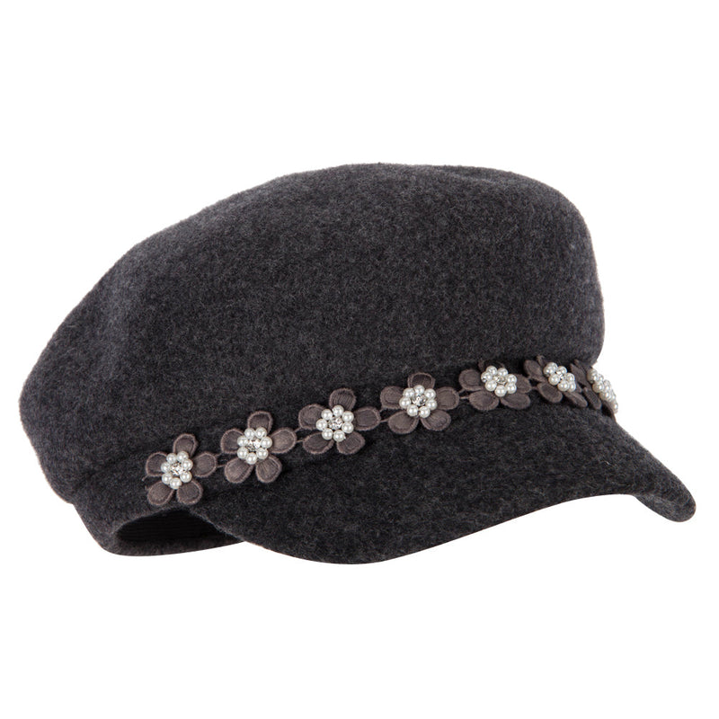 Women's Flower Band Accented Wool Felt Newsboy Cap