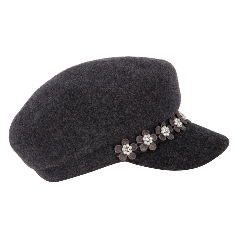Women's Flower Band Accented Wool Felt Newsboy Cap