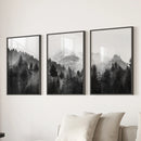 Black White Forest Triptych. Misty Mountains Nature Posters by Wall Art Set