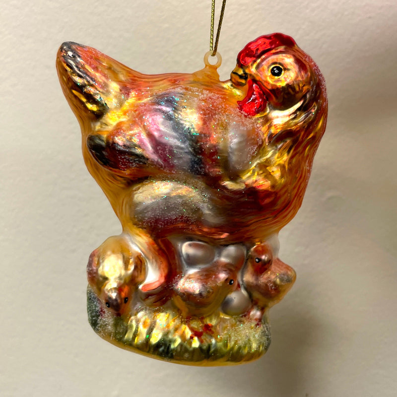 Chicken and Baby Chicks Glass Ornament