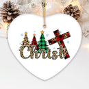 Religious Theme Plaid Ceramic Heart Christmas Ornament Bundle, Jesus and Christian Nativity