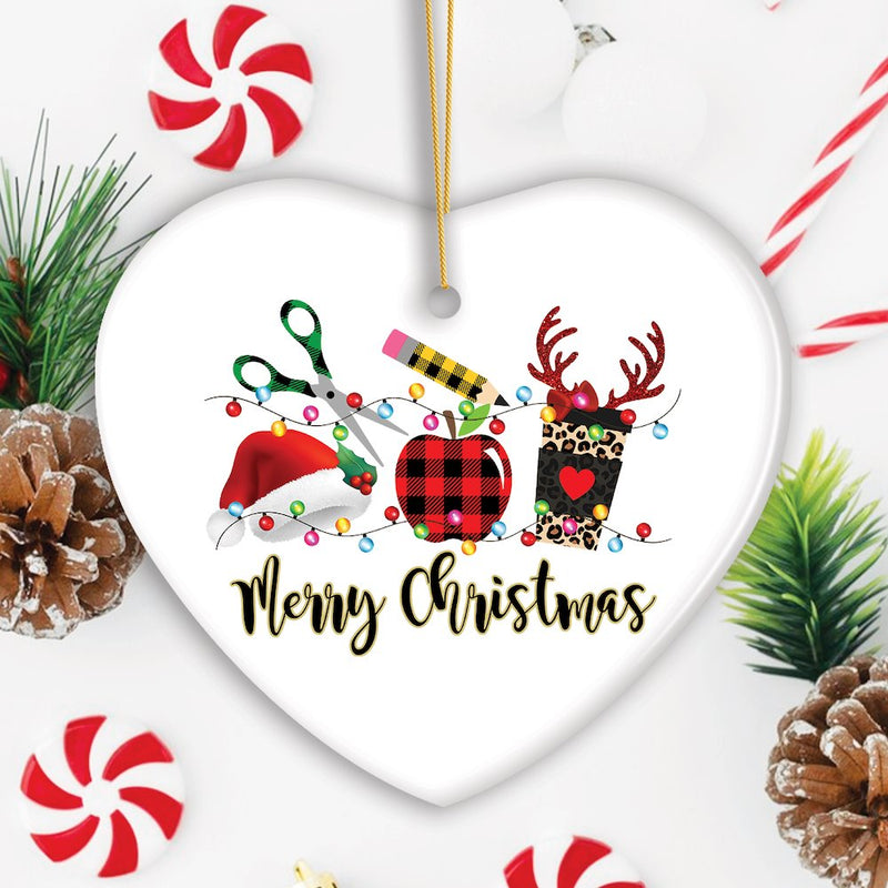 School Teacher Holiday Plaid Christmas Ornament Bundle, Ceramic Appreciation Gifts