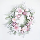 Snow White and Pink Bauble Filled Wreath, Belle Isis Artificial Flowers 22 Inches
