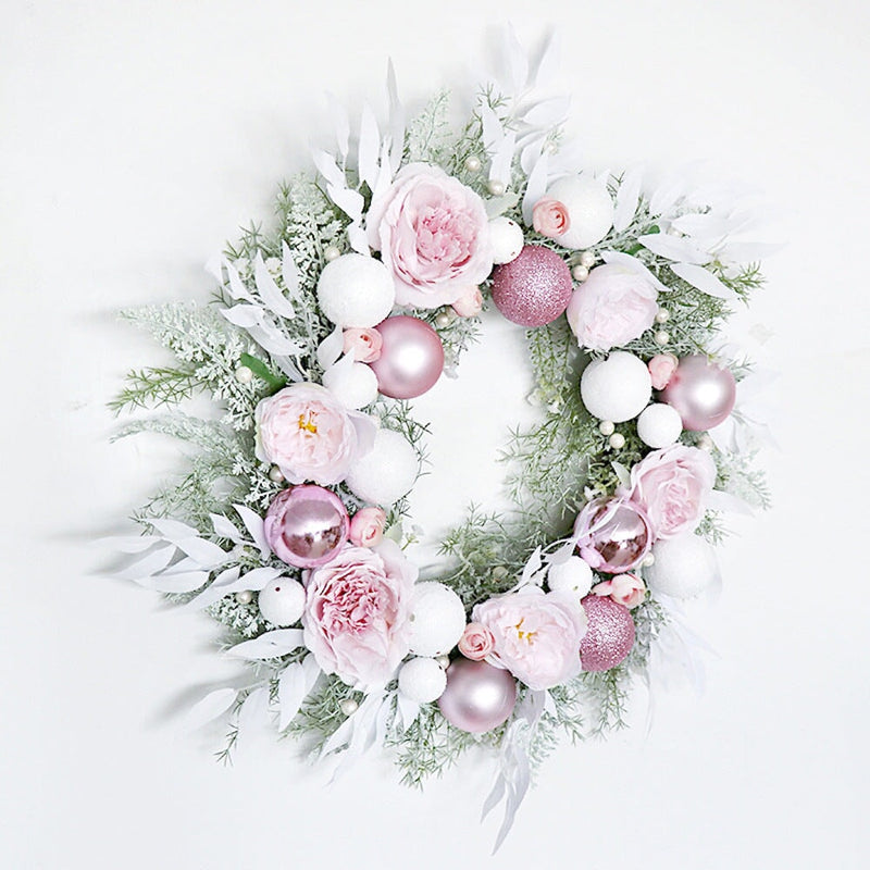 Snow White and Pink Bauble Filled Wreath, Belle Isis Artificial Flowers 22 Inches