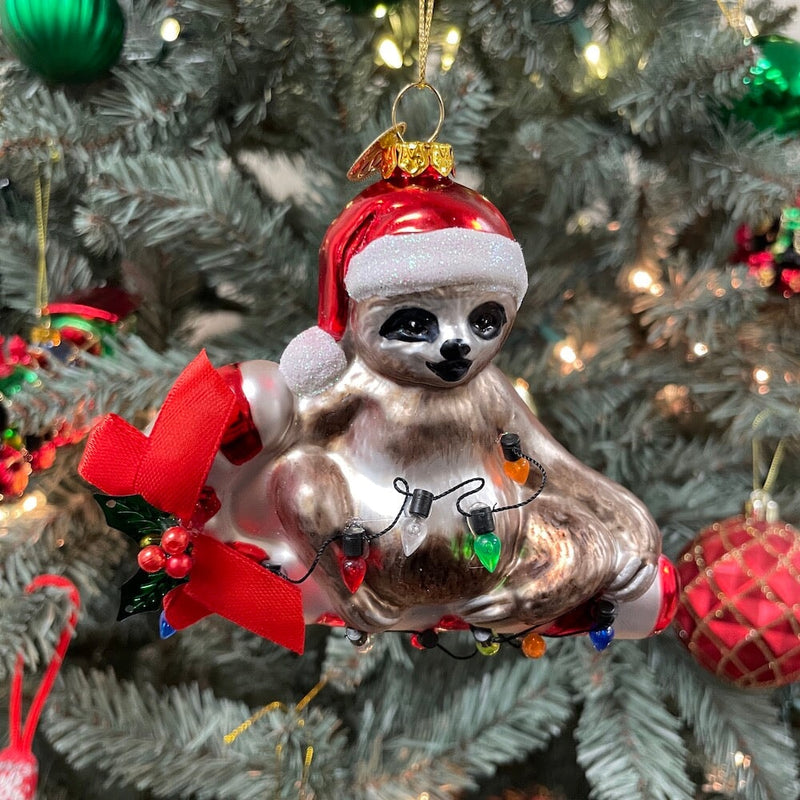 Sloth and Candy Cane Glass Christmas Ornament