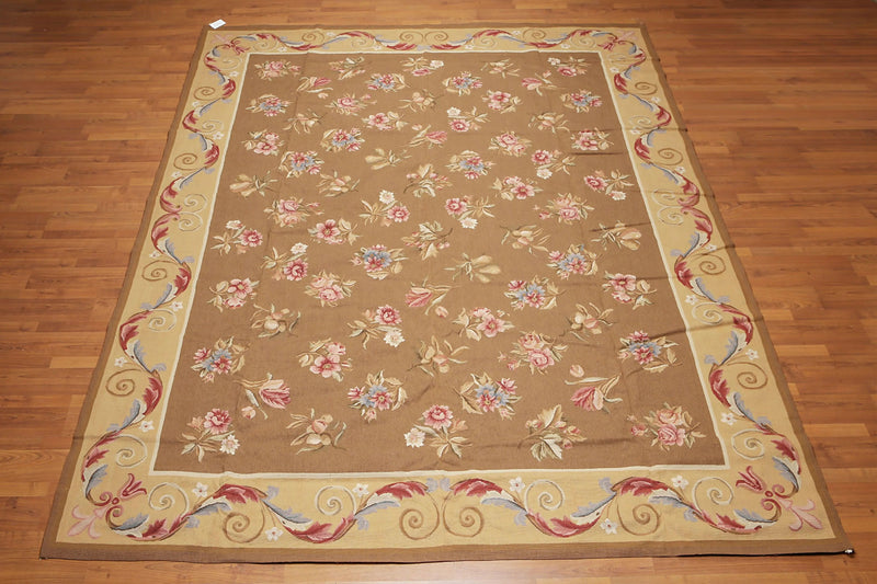 9' x 12' Hand woven Wool French Aubusson Needlepoint Area rug Brown