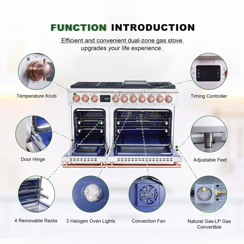 48“ Freestanding Custom Gas Range with 8 Sealed Burners Cooktop, Rapid Convection Oven, Natural Gas/LP Convertible - AK-G48N05A-1