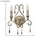 GobekUsa French Country Iron Candle Wall Sconce with Crystal Deco - Aged Silver 2-Light Fixture