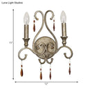 GobekUsa French Country Iron Candle Wall Sconce with Crystal Deco - Aged Silver 2-Light Fixture