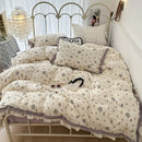 GobekUsa French Floral Print Double Layer Lace Ruffles Bedding Set