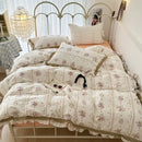 GobekUsa French Floral Print Double Layer Lace Ruffles Bedding Set