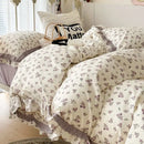 GobekUsa French Floral Print Double Layer Lace Ruffles Bedding Set