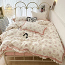 GobekUsa French Floral Print Double Layer Lace Ruffles Bedding Set