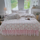 GobekUsa French Floral Print Bedding Set: Duvet Cover, Lace Ruffles, Quilted Embroidery, Pillowcases