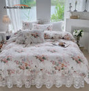 GobekUsa French Floral Print Bedding Set: Duvet Cover, Lace Ruffles, Quilted Embroidery, Pillowcases