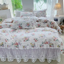 GobekUsa French Floral Print Bedding Set: Duvet Cover, Lace Ruffles, Quilted Embroidery, Pillowcases